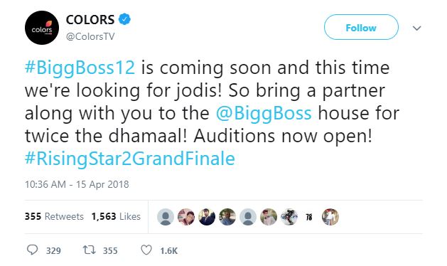 Colors Tweet Bigg Boss Season 12 